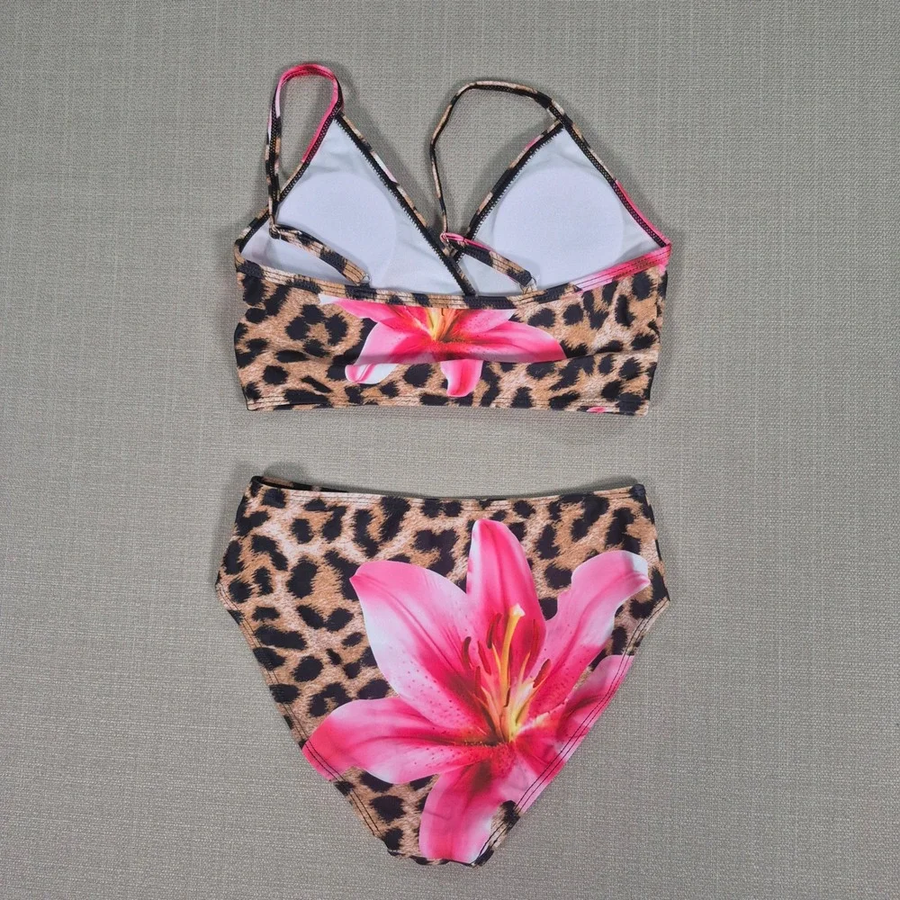Girls Leopard Floral 3 Piece Swimsuit Bikini Sarong Set Pink Lily Size 12Y